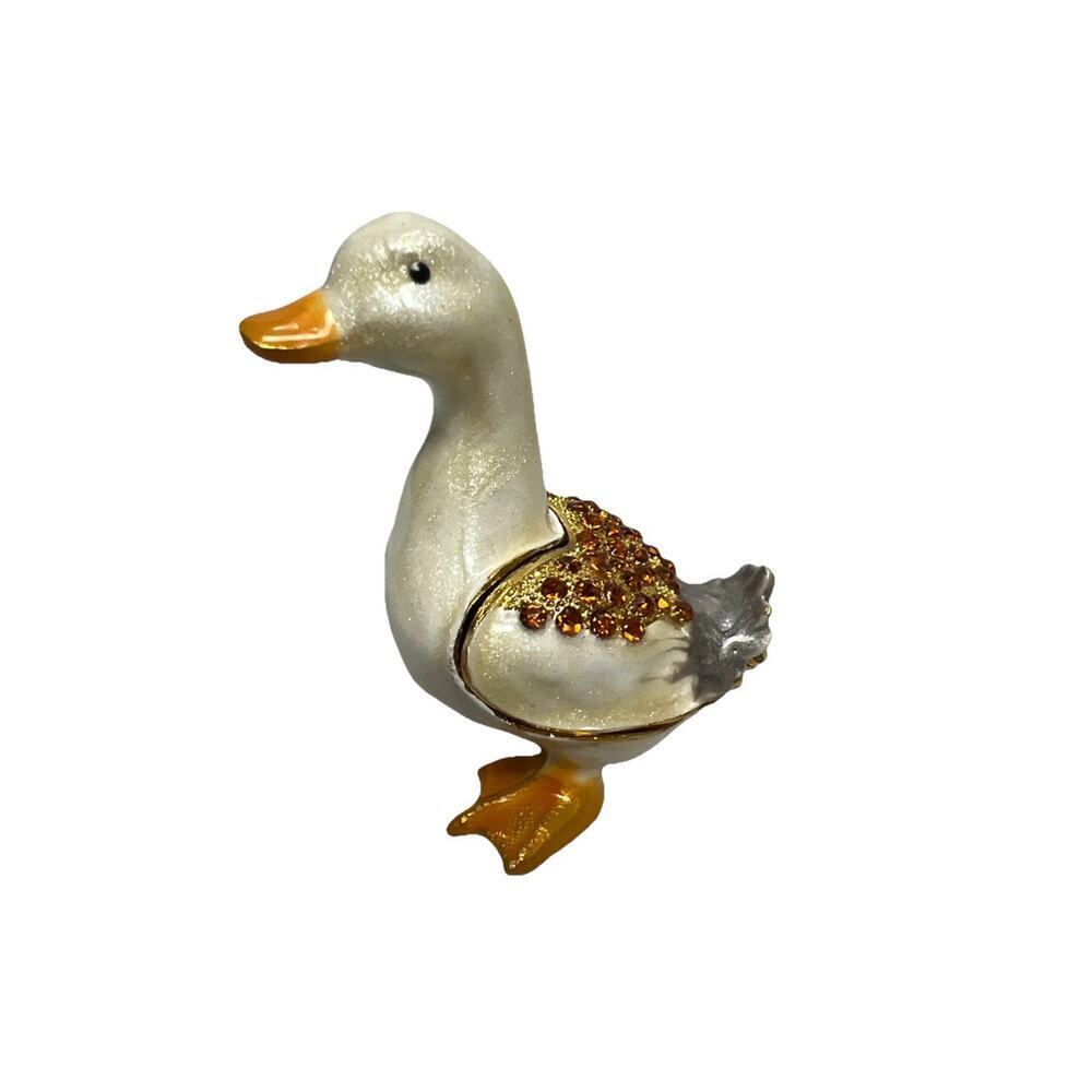 Esquisit Trinket Box Enamel Duck/Swan White , Gold W/Rhinestones 3"X3"